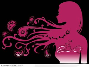 長發(fā)裝飾花紋女性剪影矢量素材