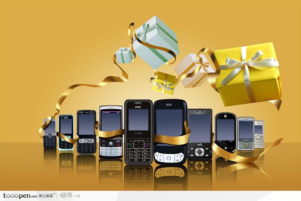 手机促销广告金色背景上的多部手机和礼品