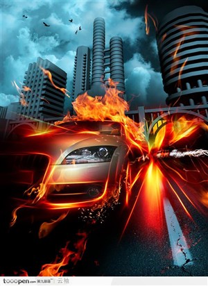 火焰特效创意图片-行走中的小车