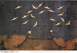花鸟篇-宫阙上的鹤群画