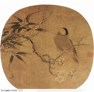 花鸟篇-竹旁梅枝上的鸟
