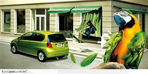 汽车创意广告黄绿色汽车，玩滑板的年轻人和鹦鹉