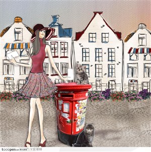 实景红色垃圾桶和黑猫和手绘水粉插图白色尖顶房子旁穿裙子的女人