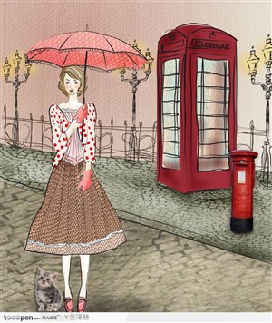 水粉手绘插画在红色电话亭旁撑粉色雨伞的女孩和猫