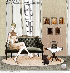 手绘水粉插画坐在房间黑色沙发上穿红色裙子的女人和猫