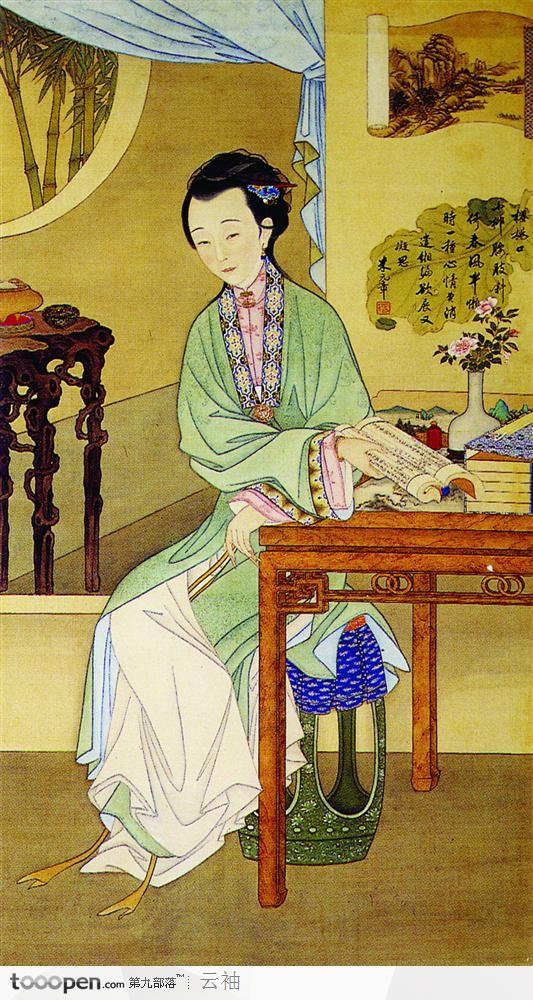 中国古典图画-执书而思的女子