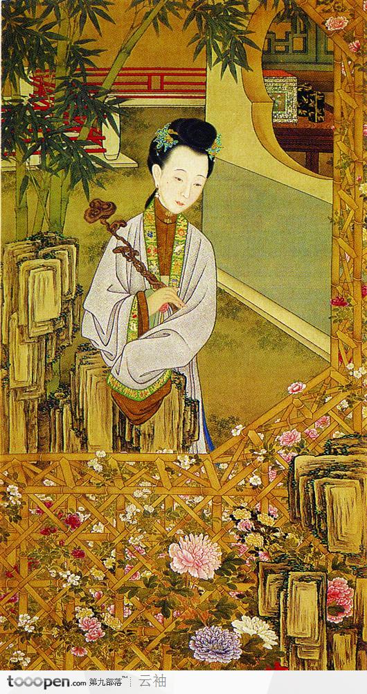 中国古典图画-手执如意的观菊女子