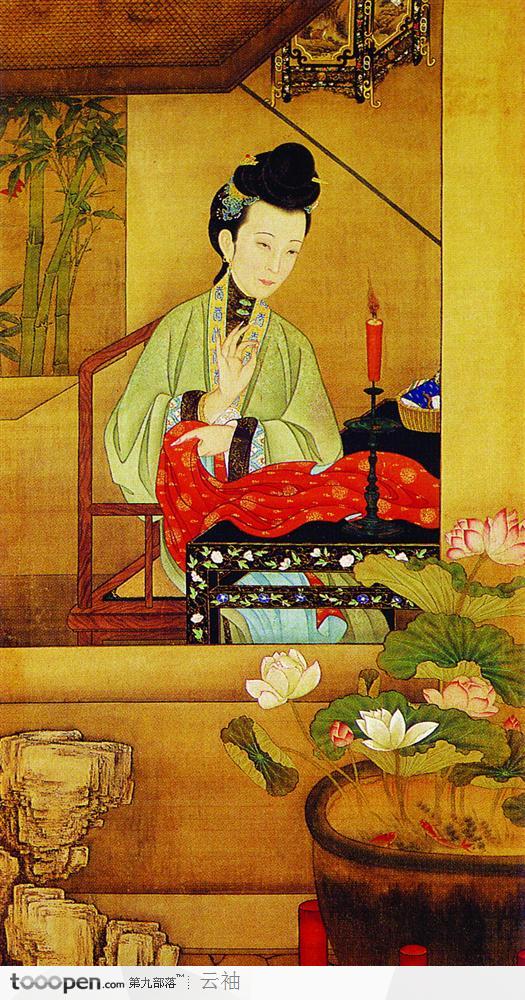 中国古典图画-窗前缝补的女子