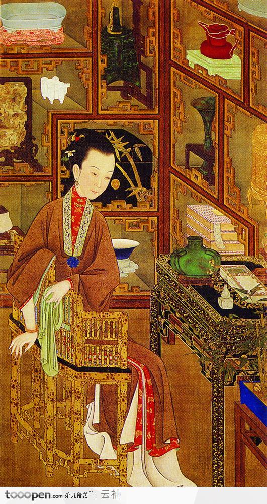 中国古典图画-坐在椅子上阅读的女子