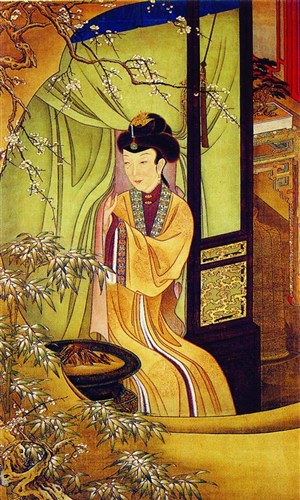 中国古典图画-松梅窗内挂帐的女子