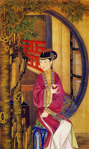 中国古典图画-执扇品茶的女子