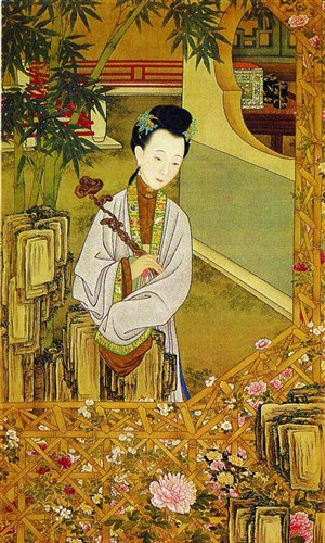 中国古典图画-手执如意的观菊女子