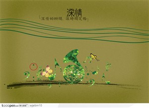 绿色音符和蝴蝶的梦幻背景模板