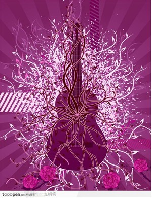 紫色绚丽花卉吉他剪影矢量素材