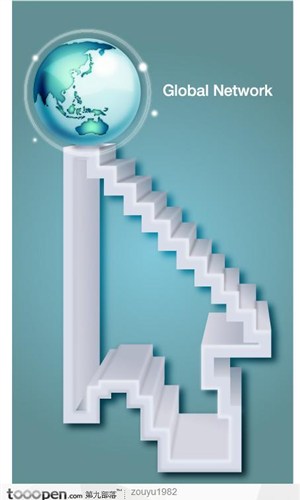 商务与科技矢量-水晶质感地球楼梯箭头图标