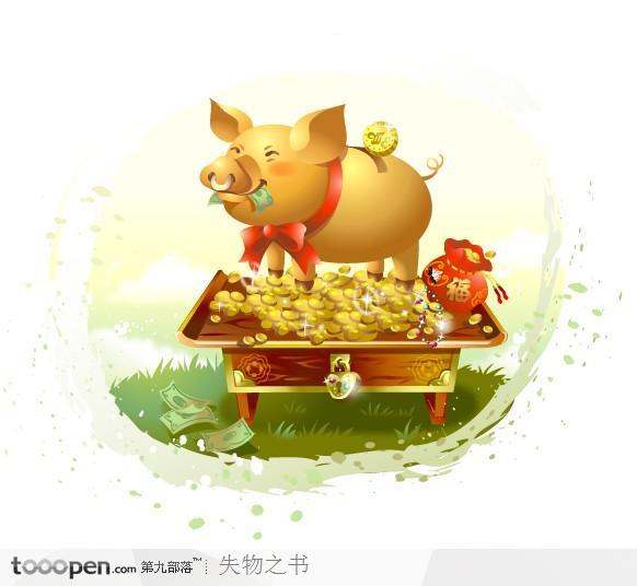 幻想魔法世界 木桌上的金币福袋和金猪