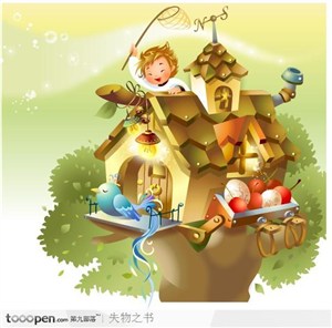 幻想魔法世界-房子旁嬉戏的小男孩和鸟
