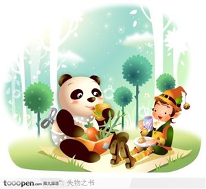 幻想魔法世界-吃东西的熊猫和小男孩