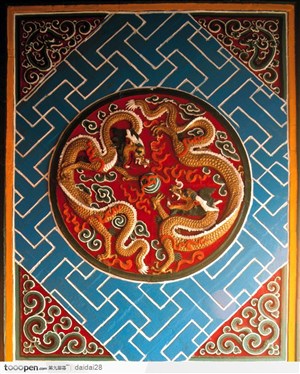 中国古代彩色的双龙石雕图片