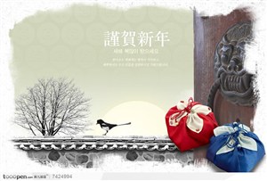 韩国风格节庆贺卡明信片宣传设计素材香包鸟木门