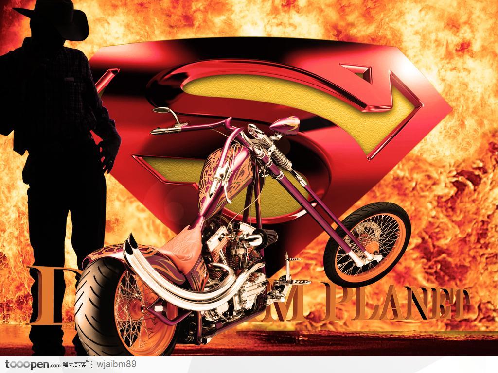 超人标志摩托车哈雷帅哥西部牛仔火房地产素材