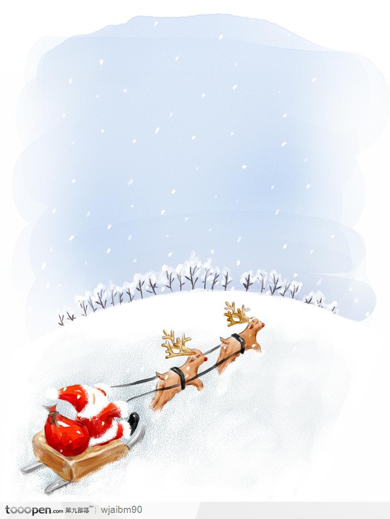 水彩画圣诞老人驯鹿雪景