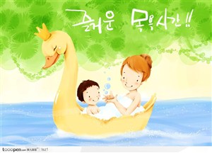洗澡鸭子船韩国手绘插画