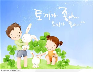 小白兔小孩韩国手绘插画