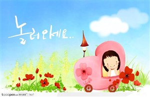 婴儿车花朵花丛小孩韩国手绘插画