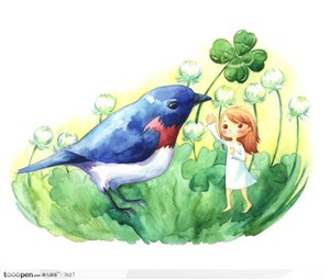 女孩和鸟水彩插画