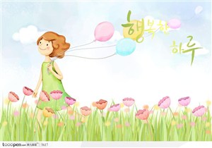 花丛气球女孩韩国手绘插画