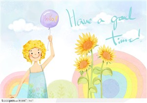 气球花女孩韩国手绘插画
