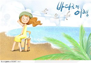 海鸥旅行箱大海韩国手绘插画