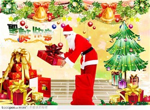圣诞节宣传海报设计素材-圣诞老人和圣诞挂饰