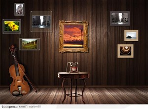 木屋大提琴乐器画框桌子电话时尚元素