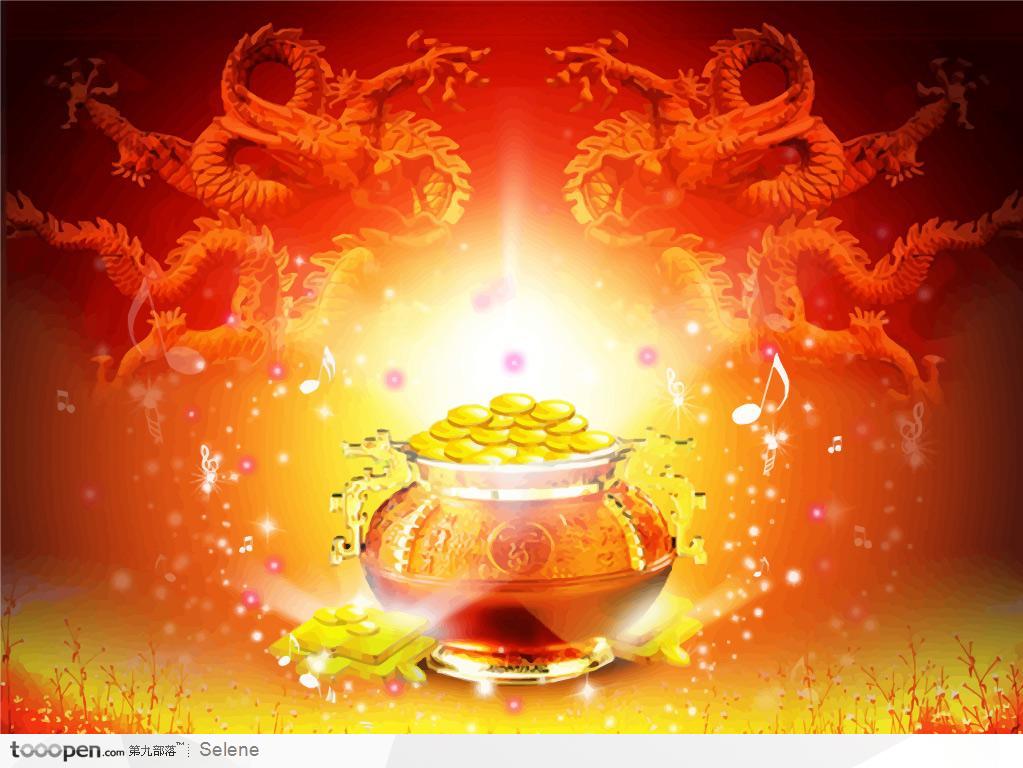 古典中国风传统龙形底纹和装满金元宝的聚宝盆