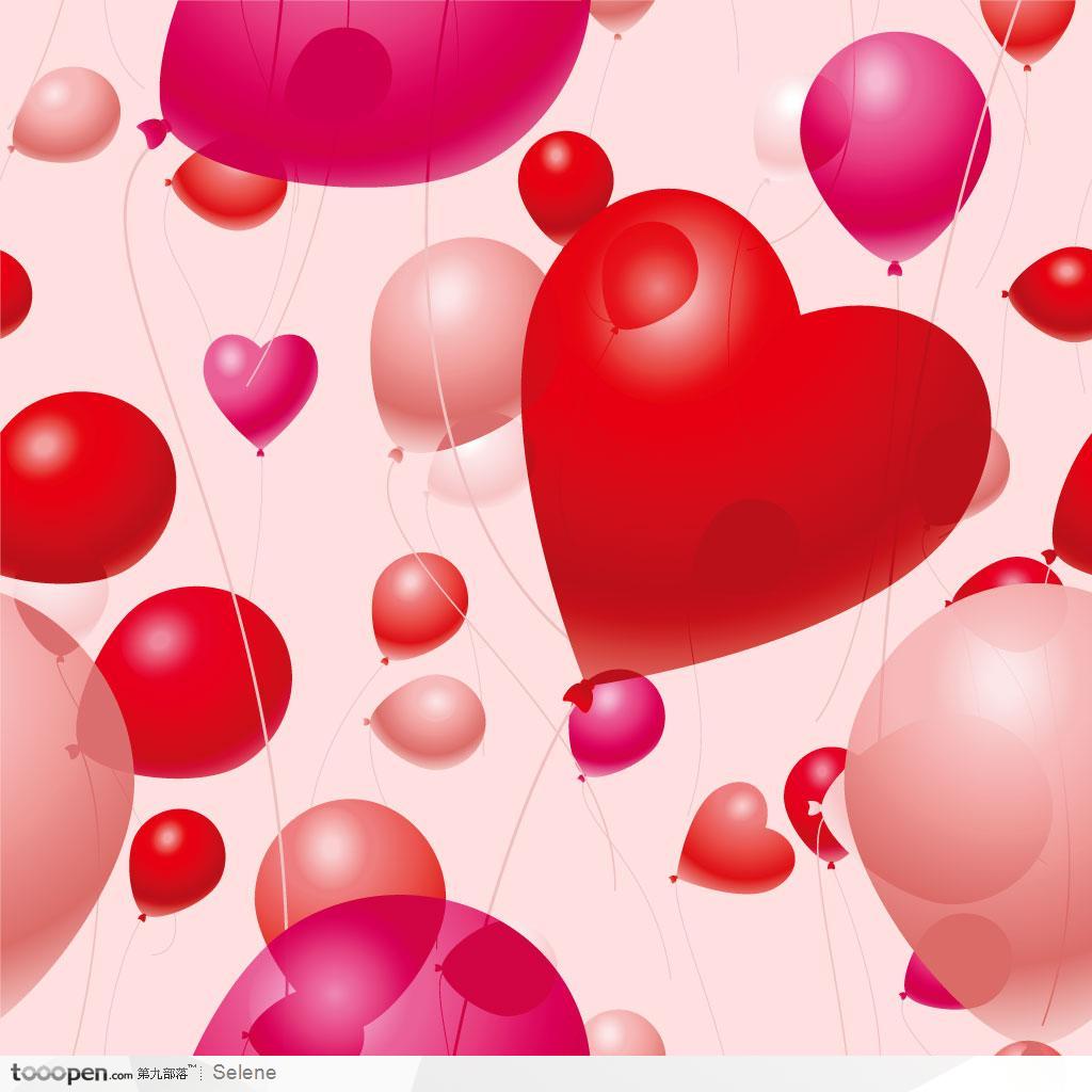 飘荡着的各种红色心形情人节气球