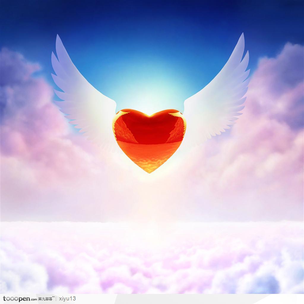 情人节素材-云层之上的爱心与翅膀