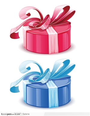包装精美的红色和蓝色款式带蝴蝶结的节日礼品盒