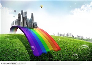 绿色环保低碳创意素材-彩虹之上的商业城市