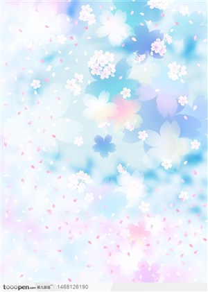 蓝色背景花纹前的桃花花纹纹样