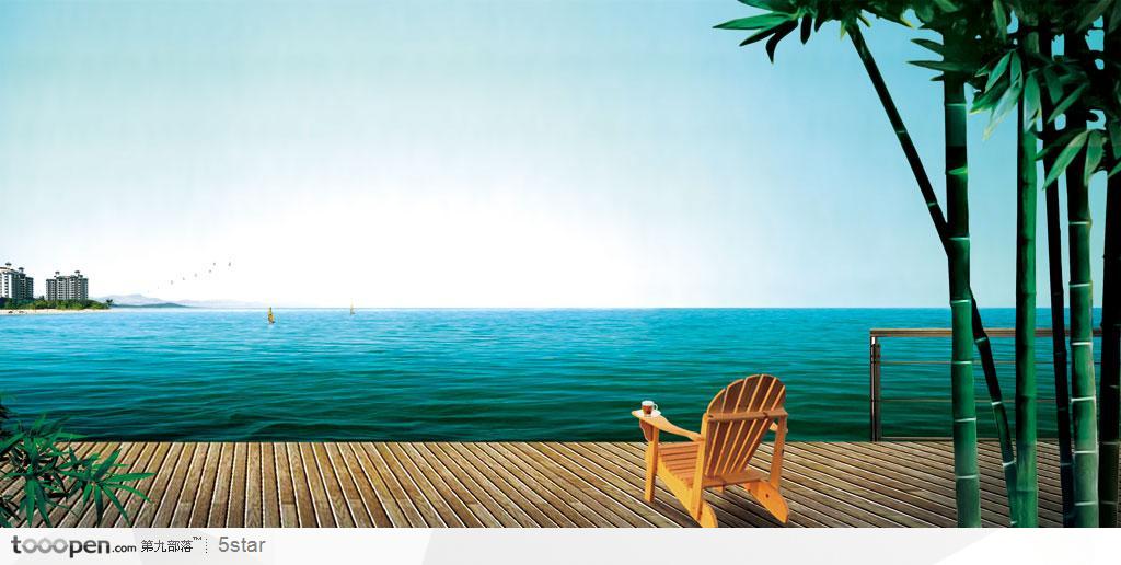 房地产广告--竹林 湖景水边 木栈上的摇椅