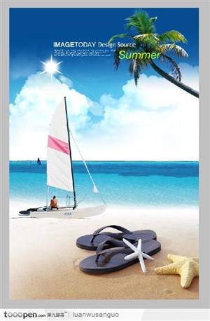 创意PSD—海洋沙滩海滩拖鞋海星帆船热带树蓝天白云