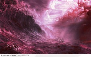 鲜红的大海汹涌的波浪