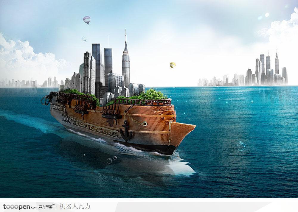 创意商业设计-大海中航行的商业舰船