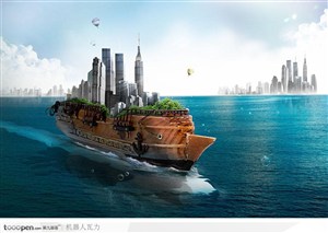创意商业设计-大海中航行的商业舰船