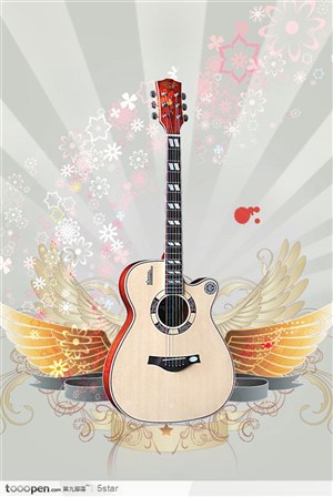 音乐节海报--木吉它 翅膀和星光底纹