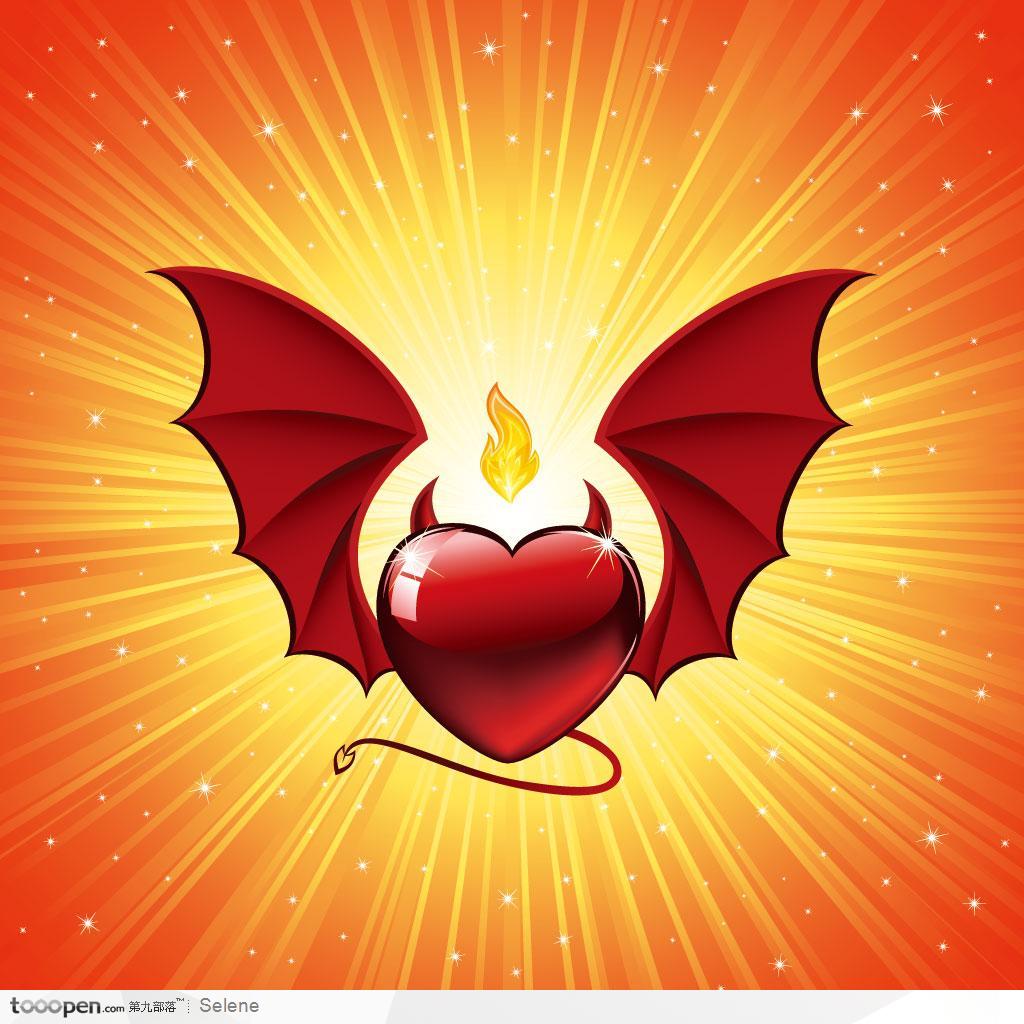 红色水晶透明质感心形和展开的红色翅膀
