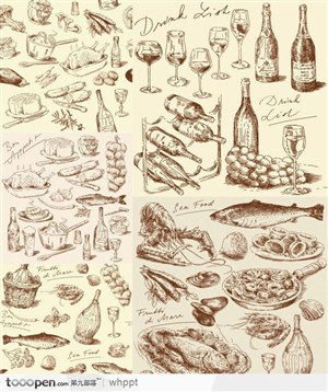 手绘线稿厨房食物元素