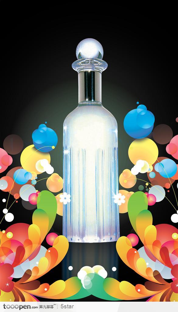 洋酒广告--时尚潮流底纹背景和透明玻璃瓶